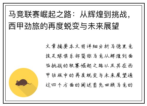 马竞联赛崛起之路：从辉煌到挑战，西甲劲旅的再度蜕变与未来展望