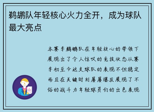 鹈鹕队年轻核心火力全开，成为球队最大亮点